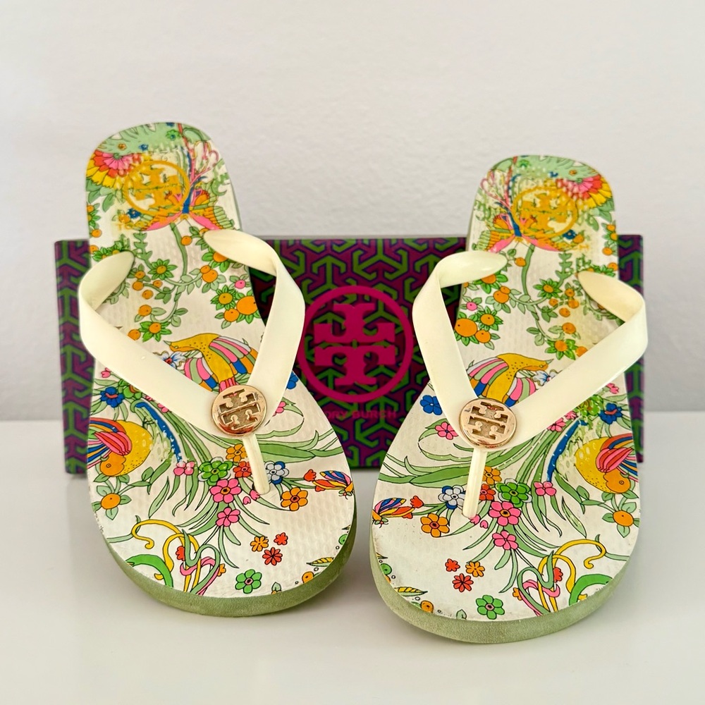 Tory Burch Ivory Batik Sandals Vibrant Floral Design